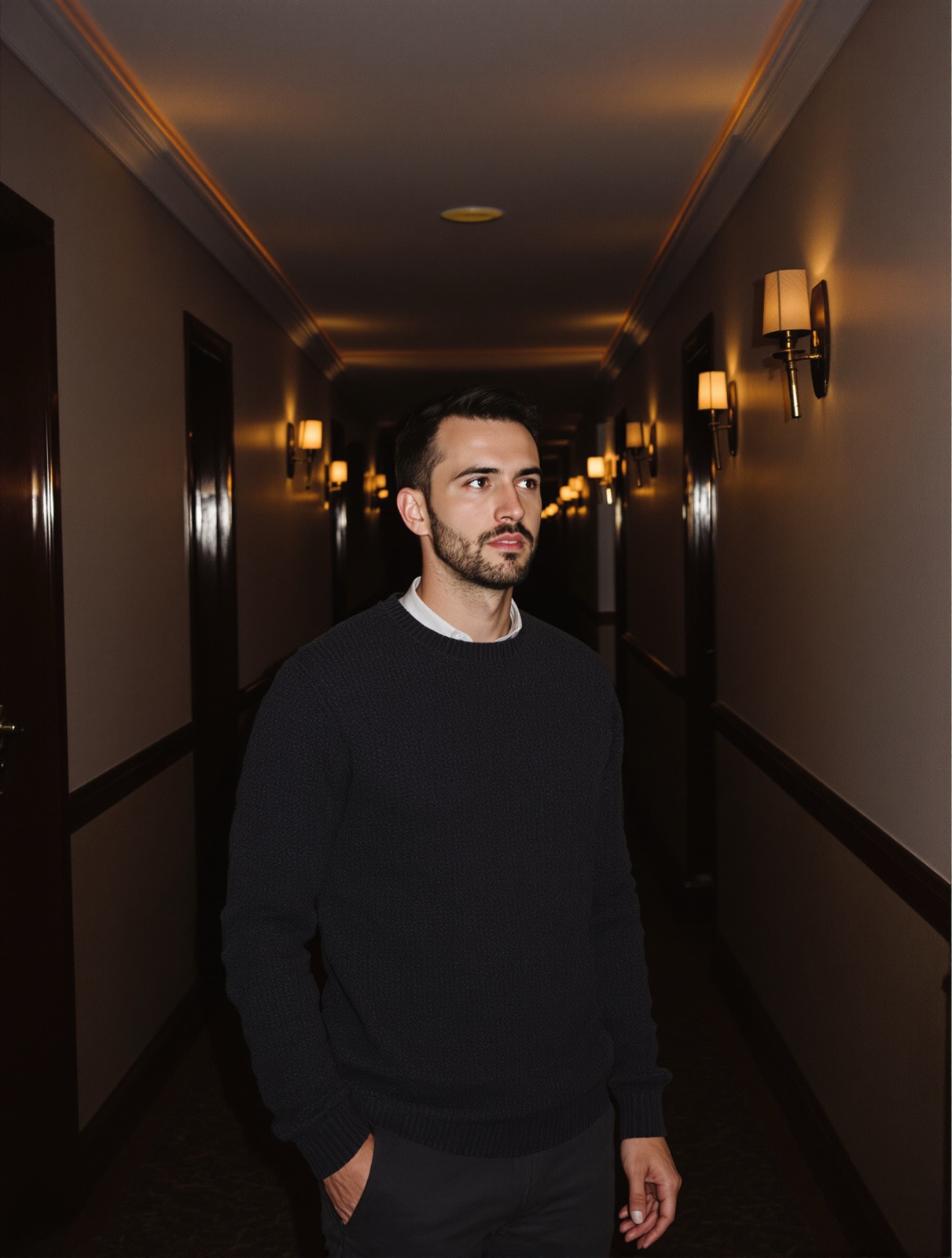 A man in a dark knit sweater standing in a dim hotel corridor lit by amber wall sconces.