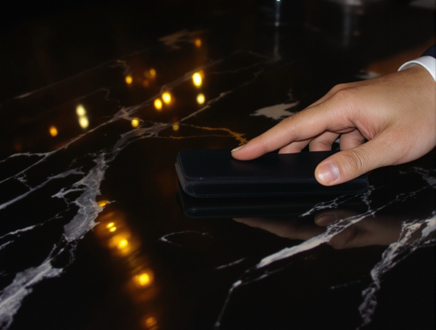 A hand sliding a slim dark leather case across a polished black marble bar at night.