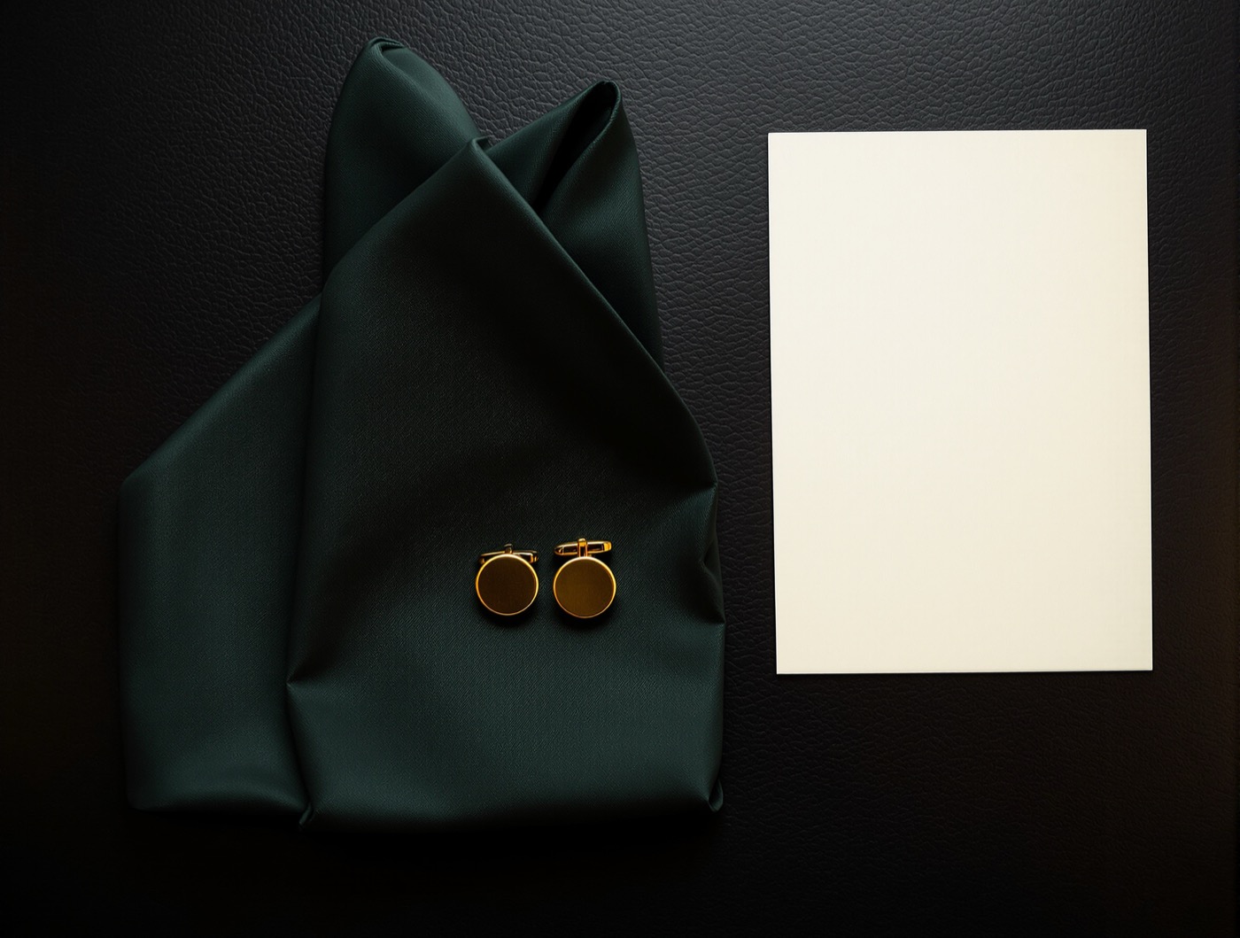 Gold cufflinks on a folded dark green silk pocket square beside a blank cream sheet of paper, on black leather.